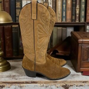 Texas Brand Chestnut Suede Western Embroidered Tan Brown Cowboy Boots Size 6